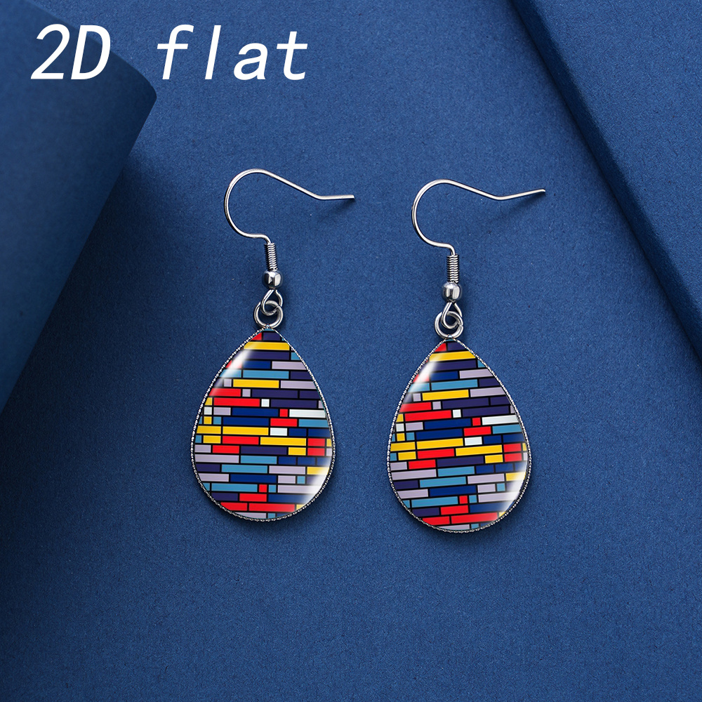Colorful Geometric Brick Pattern Faux Gemstone Glass Teardrop Earrings